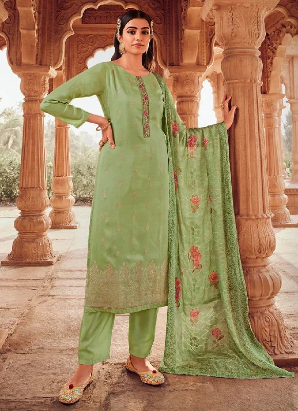 Daily Specials Light Green Handwork Embroidery Traditional Pant Style Suit