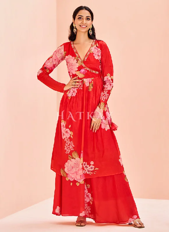 Time-Limited Offer Red Prined Kurta And Palazzo Set