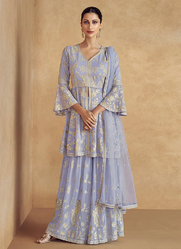 One-DAY Sale Lilac Purple Traditional Embroidery Peplum Style Sharara Suit