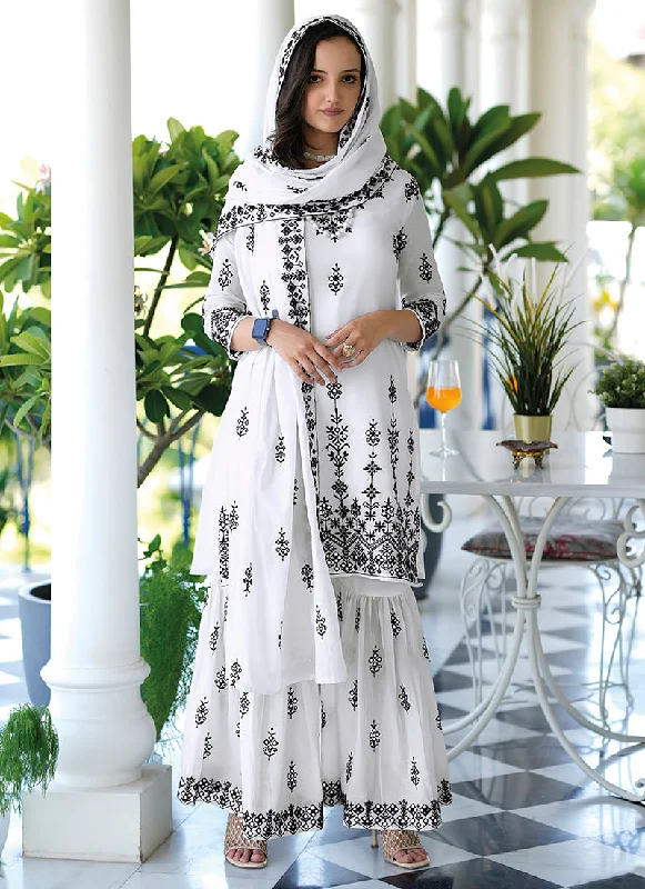 Super Sale White Lucknowi Embroidery Traditional Gharara Suit