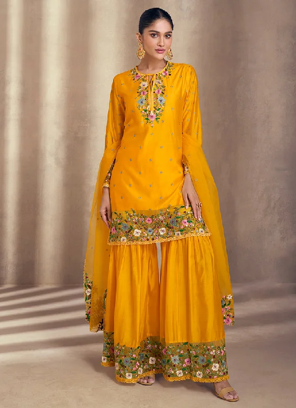 Early Bird Discount Yellow Multi Floral Embroidery Gharara Style Suit