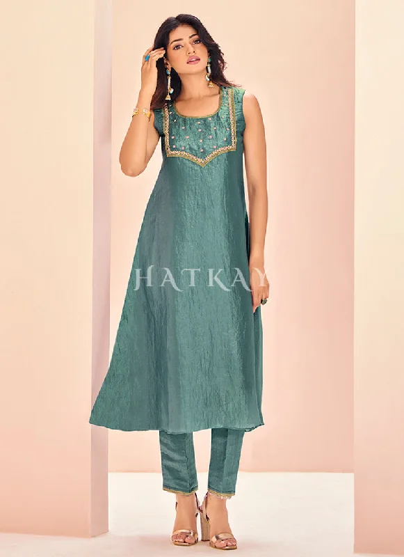 New Arrival Teal Blue Handwork Kurta And Pant Suit