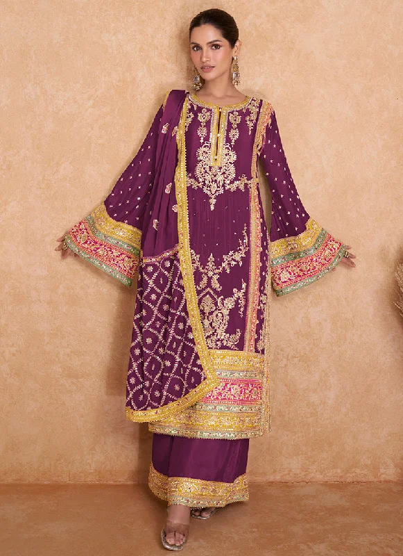 Instant Discount Wine Multi Embroidered Wedding Palazzo Suit