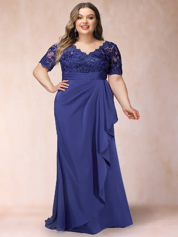 Weekend Flash Sale Sheath/Column V-Neck Short Sleeves Plus Size Mother of the Bride Dresses with Appliques & Ruffles
