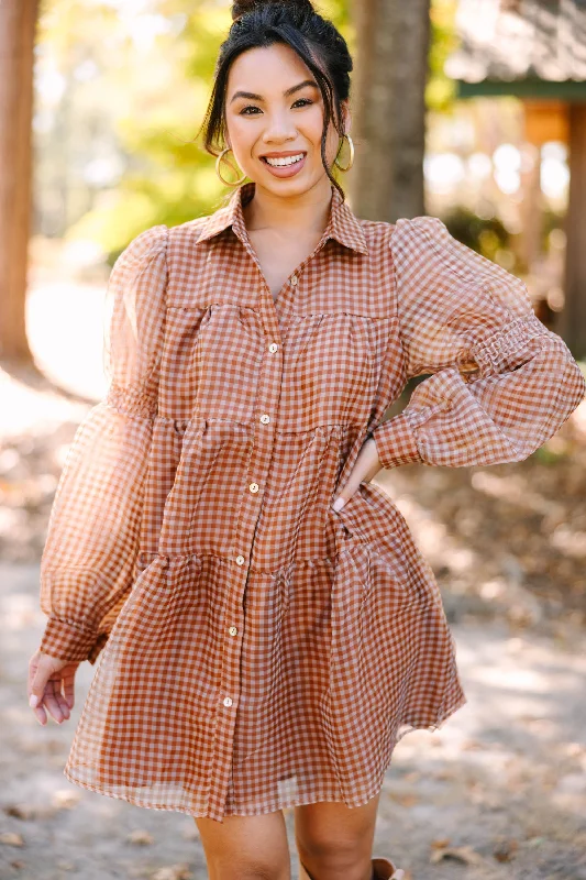 Clearance Items Take The Leap Butterscotch Brown Plaid Dress