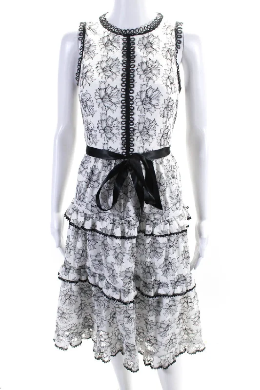 Quick Sale Monique Lhuillier Women's Sleeveless Lace Trim Tiered Floral Midi Dress
