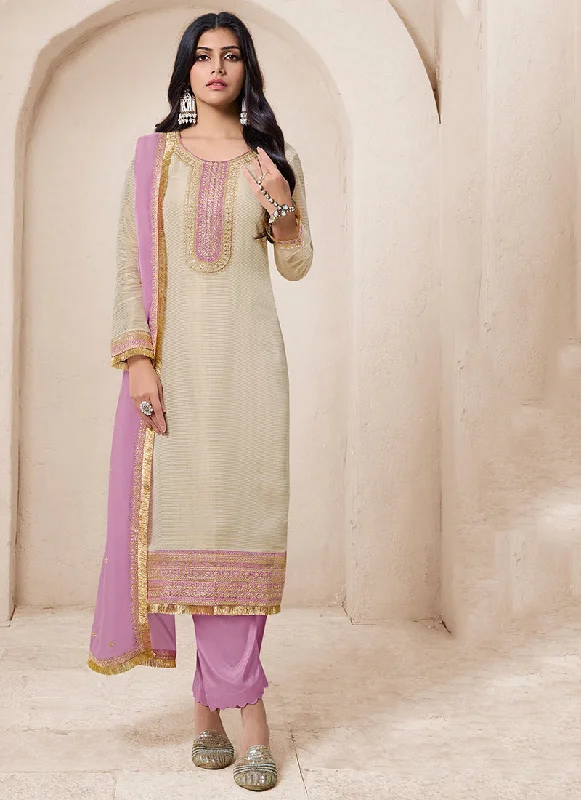 Weekend Deal Beige And Purple Traditional Embroidery Salwar Kameez Suit