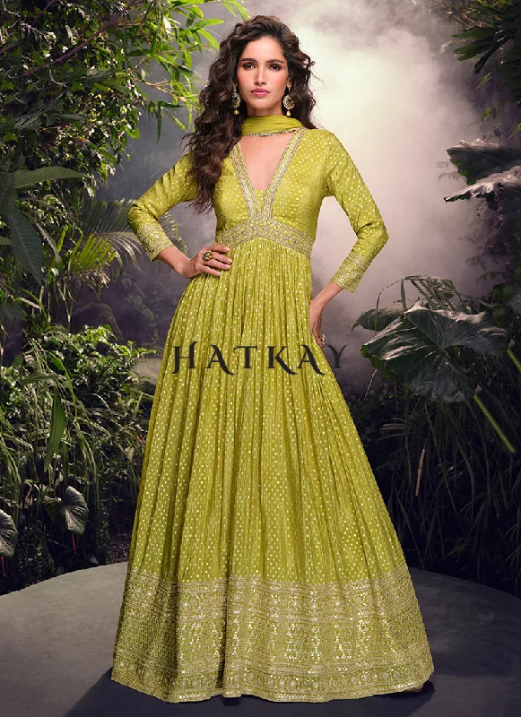 Discount Deals Lime Green Traditional Silk Anarkali Suit