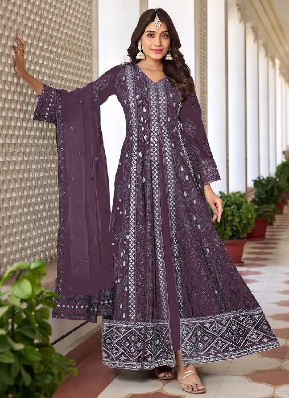 Exclusive Online Offer Purple Sequence Embroidery Slit Style Anarkali Pant Suit