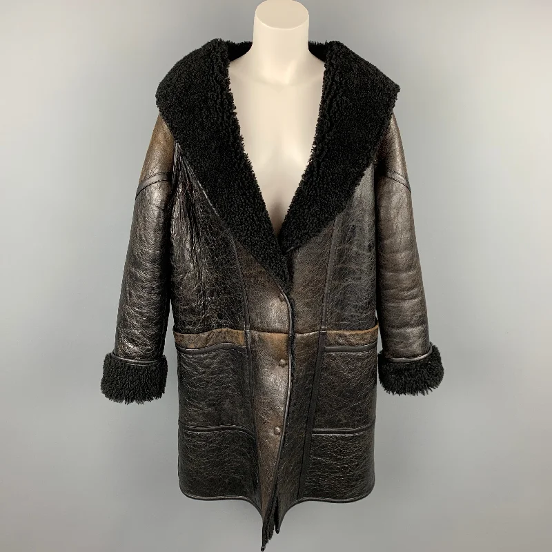 Today Only GOLDEN GOOSE Size S Dark Brown Crackled Leather Shearling Hooded Oversized Coat