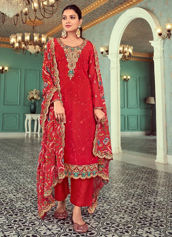 Fantastic Offers Red Multicoloured Embroidery Casual Salwar Kameez