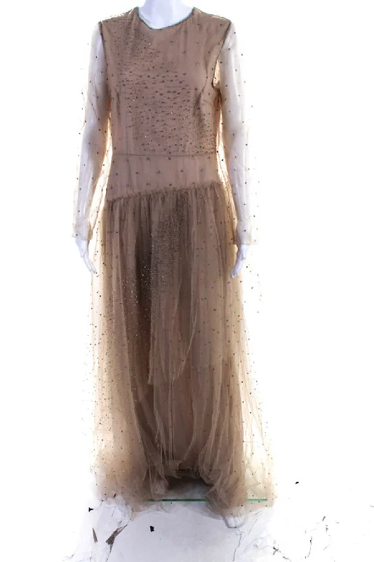 Major Savings Valentino Womens Nude Tulle Embellished Long Sleeve Evening Gown Dress