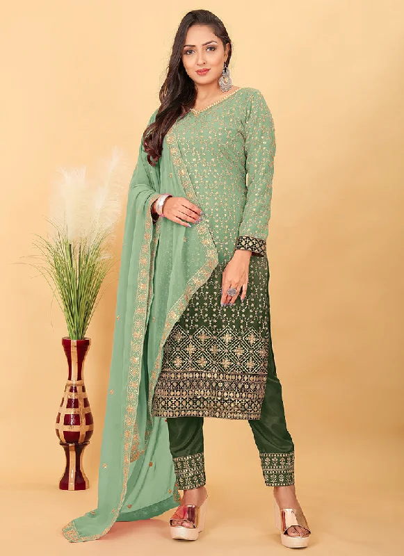 Super Savings Green Ombré Georgette Pant Style Salwar Suit